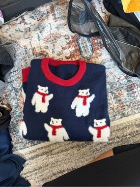 Men's Navy Polar Bear Crewneck Sweater with Red Trim